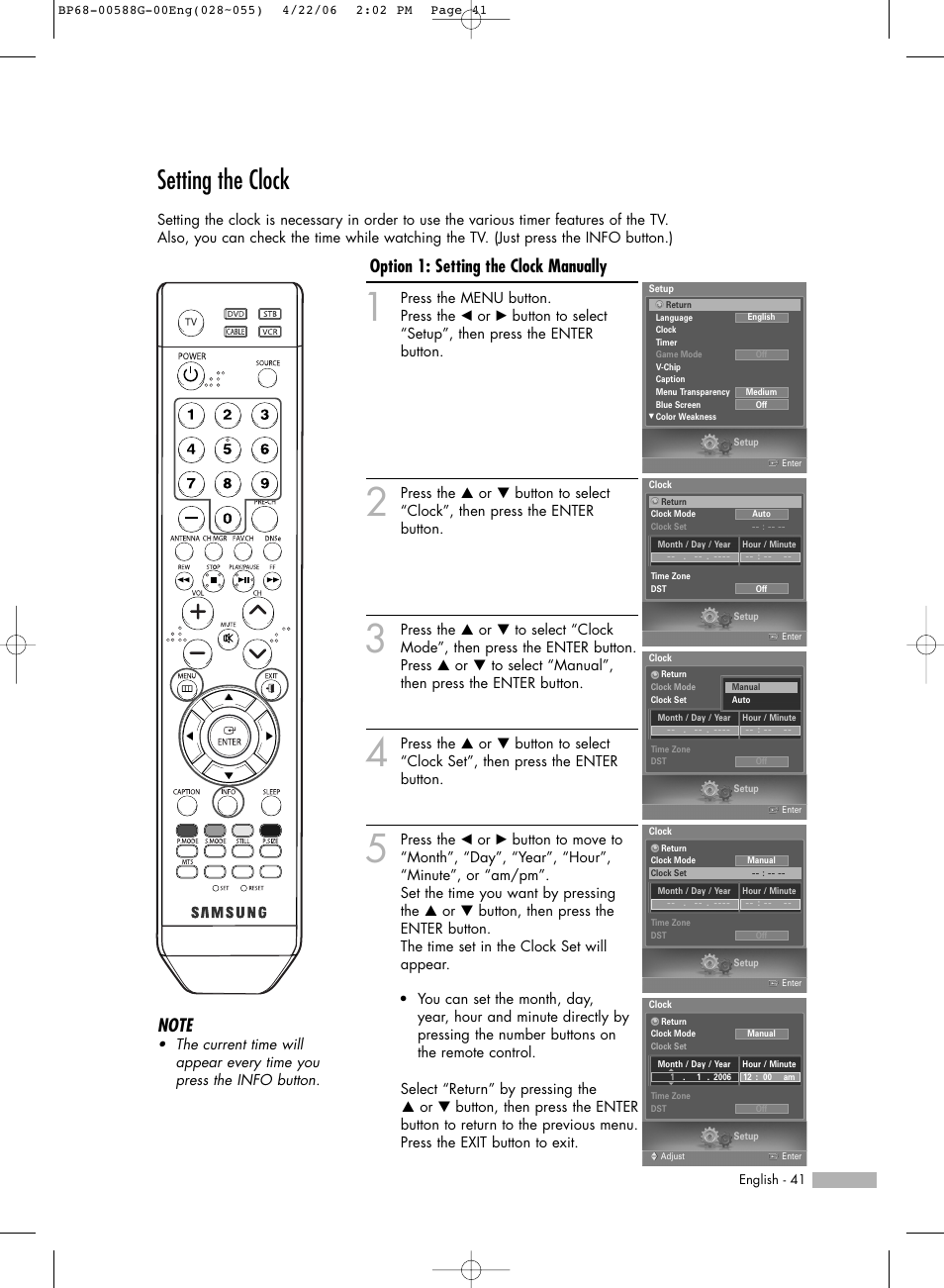 Setting the clock, Option 1: setting the clock manually | Samsung HLS6767WX-XAA User Manual | Page 41 / 116