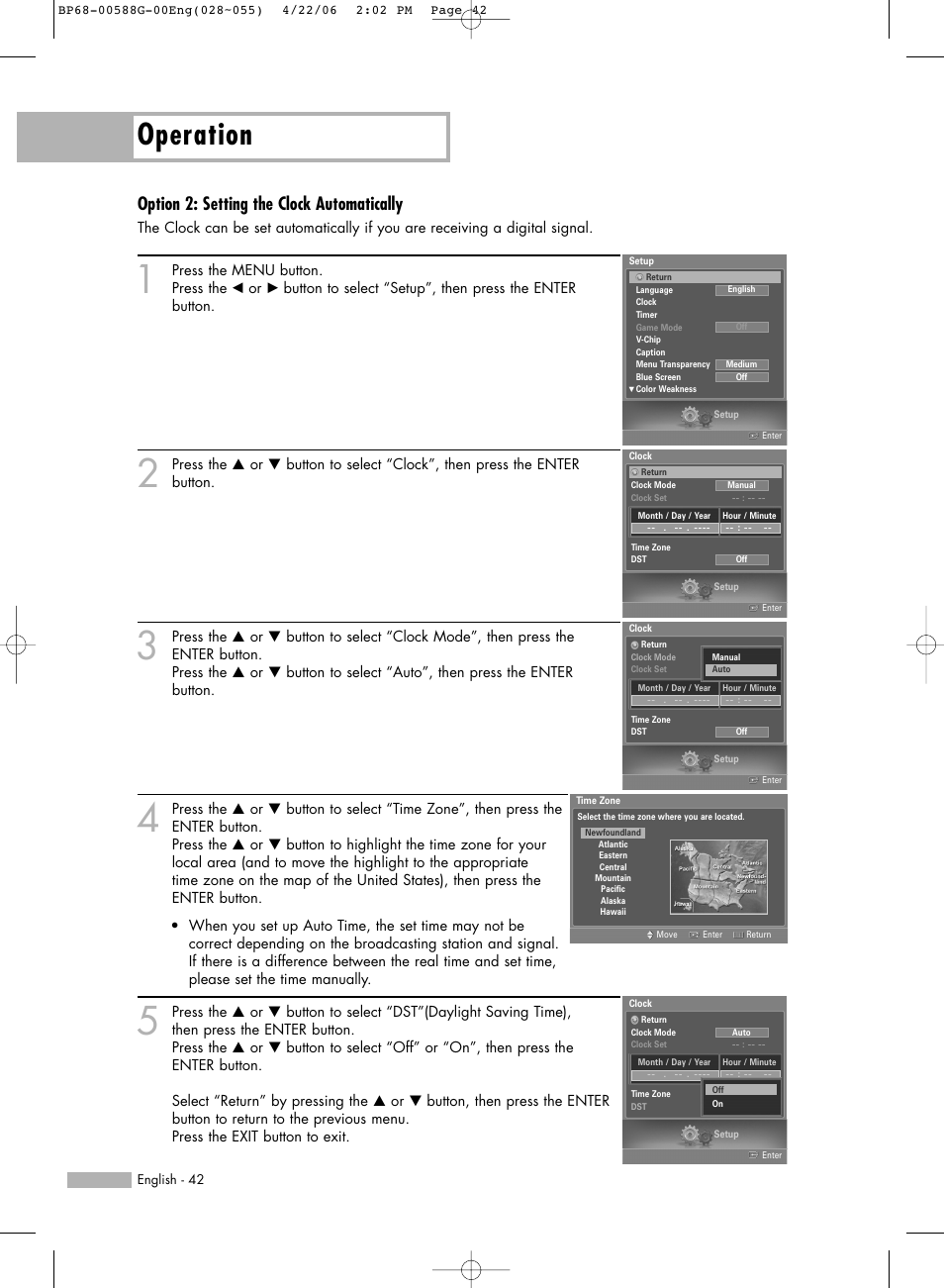 Operation, Option 2: setting the clock automatically | Samsung HLS6767WX-XAA User Manual | Page 42 / 116