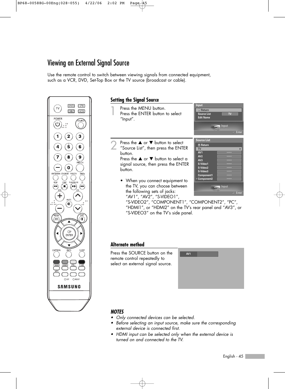 Viewing an external signal source, Setting the signal source, Alternate method | Samsung HLS6767WX-XAA User Manual | Page 45 / 116