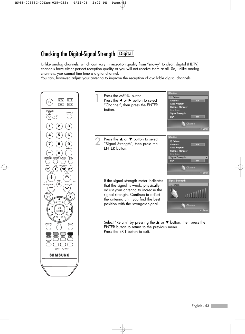 Checking the digital-signal strength, Digital | Samsung HLS6767WX-XAA User Manual | Page 53 / 116