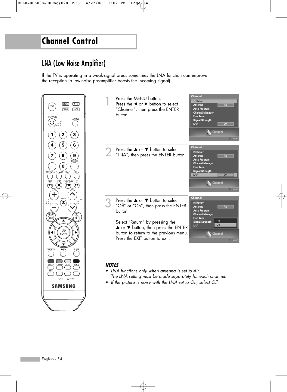 Lna (low noise amplifier), Channel control | Samsung HLS6767WX-XAA User Manual | Page 54 / 116