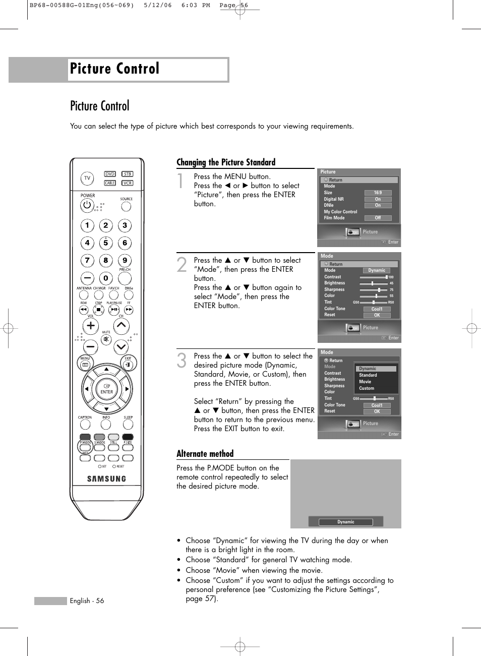 Picture control, Changing the picture standard, Alternate method | Samsung HLS6767WX-XAA User Manual | Page 56 / 116