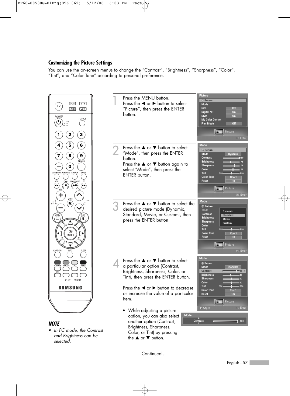 Customizing the picture settings | Samsung HLS6767WX-XAA User Manual | Page 57 / 116