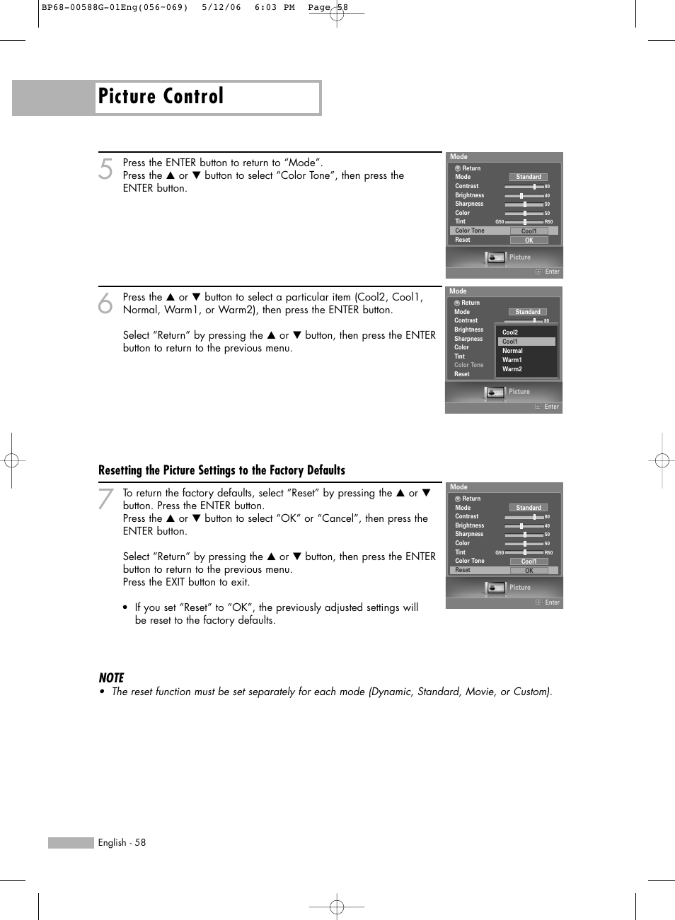 Picture control | Samsung HLS6767WX-XAA User Manual | Page 58 / 116