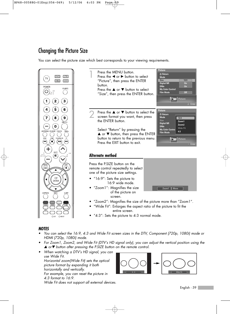 Changing the picture size, Alternate method | Samsung HLS6767WX-XAA User Manual | Page 59 / 116