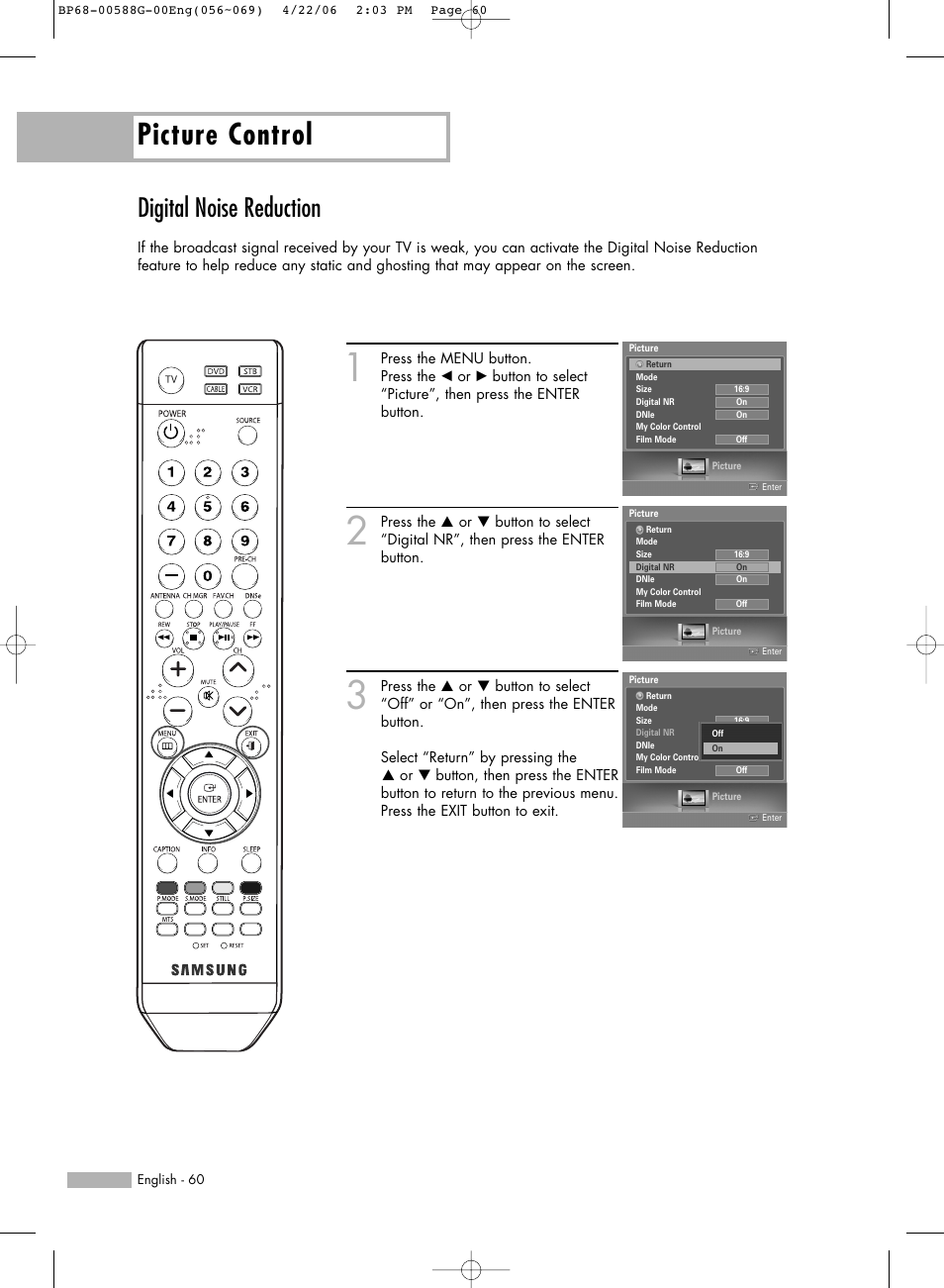 Digital noise reduction, Picture control | Samsung HLS6767WX-XAA User Manual | Page 60 / 116