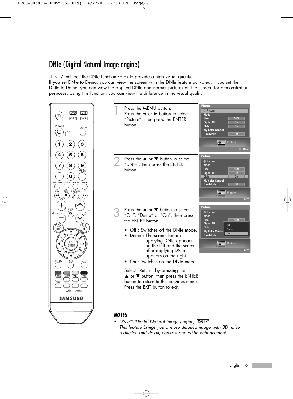 Dnie (digital natural image engine) | Samsung HLS6767WX-XAA User Manual | Page 61 / 116