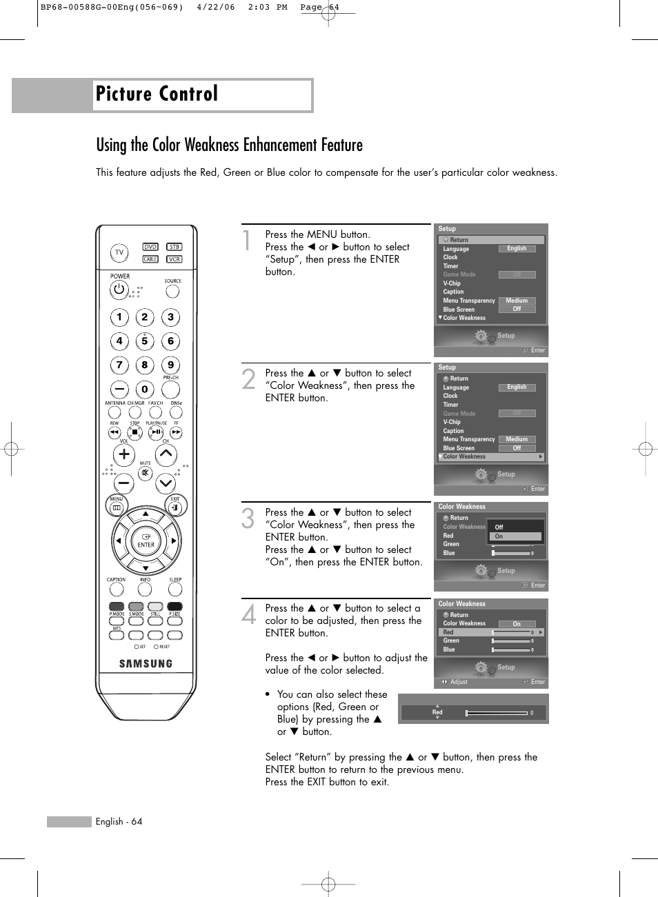 Using the color weakness enhancement feature, Picture control | Samsung HLS6767WX-XAA User Manual | Page 64 / 116