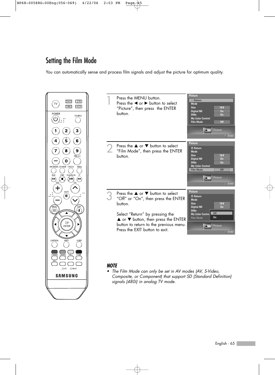 Setting the film mode | Samsung HLS6767WX-XAA User Manual | Page 65 / 116