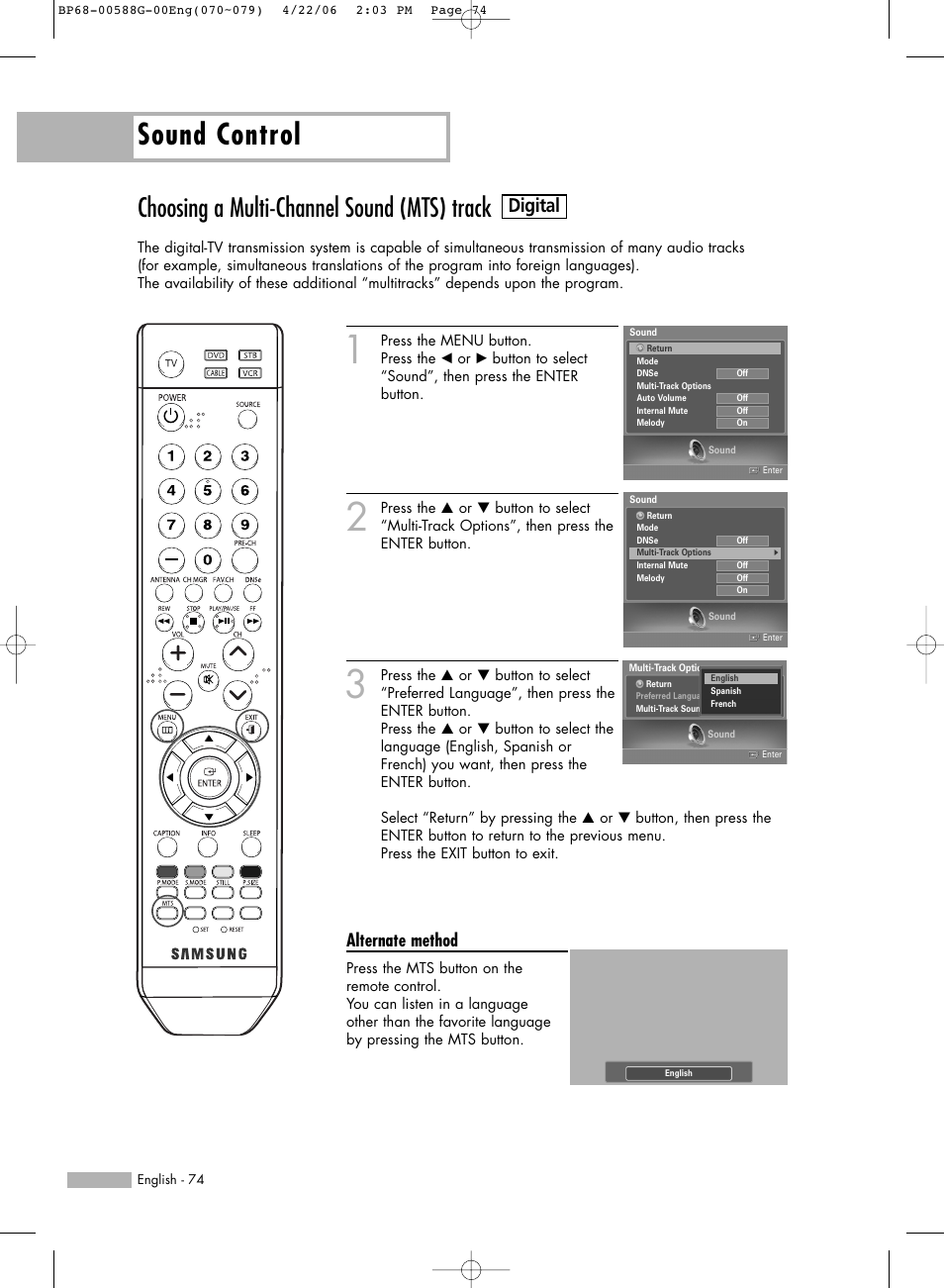 Choosing a multi-channel sound (mts) track, Sound control, Digital | Alternate method | Samsung HLS6767WX-XAA User Manual | Page 74 / 116