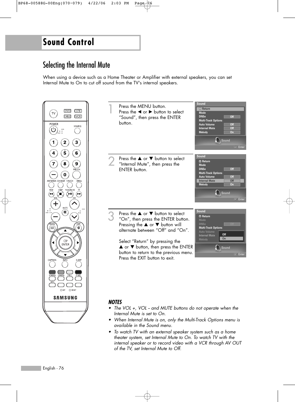 Selecting the internal mute, Sound control | Samsung HLS6767WX-XAA User Manual | Page 76 / 116