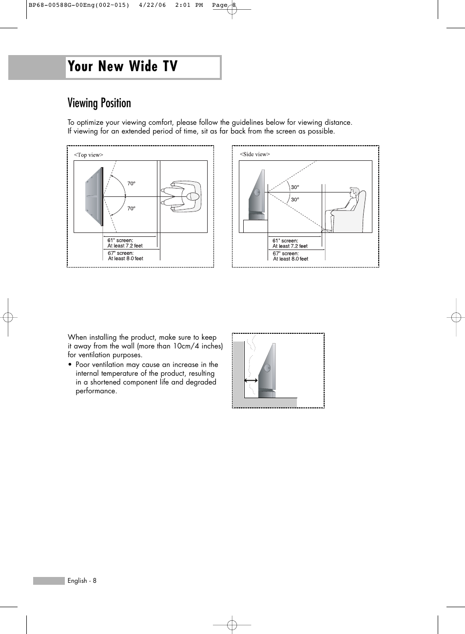 Viewing position, Your new wide tv | Samsung HLS6767WX-XAA User Manual | Page 8 / 116