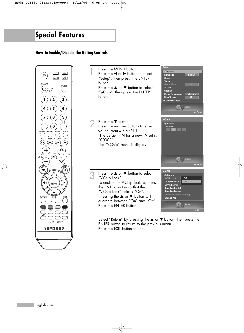 Special features, How to enable/disable the rating controls | Samsung HLS6767WX-XAA User Manual | Page 84 / 116