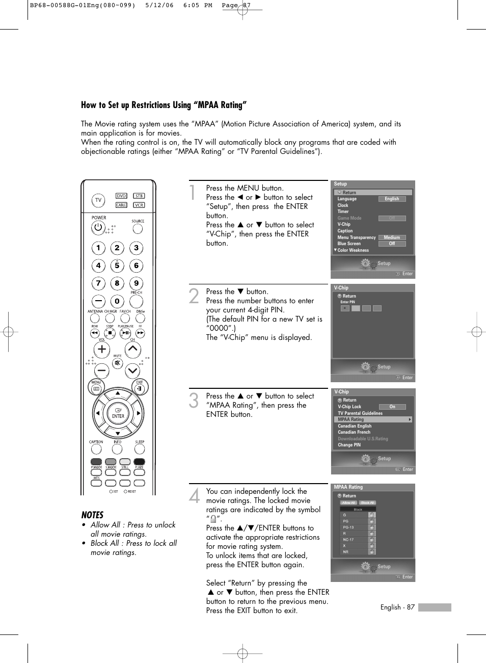 How to set up restrictions using “mpaa rating | Samsung HLS6767WX-XAA User Manual | Page 87 / 116