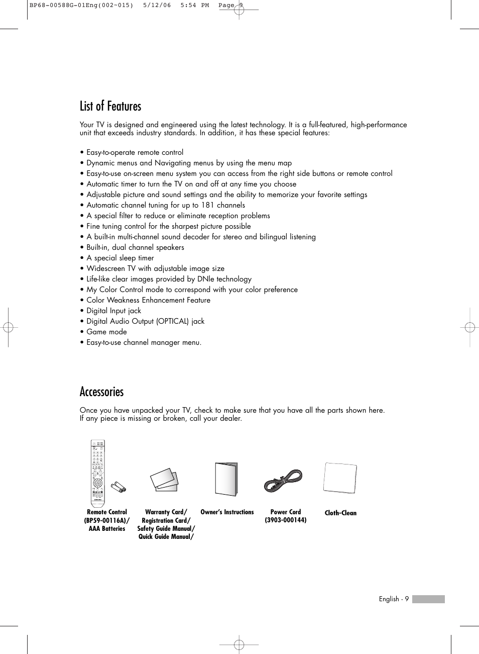 List of features, Accessories | Samsung HLS6767WX-XAA User Manual | Page 9 / 116