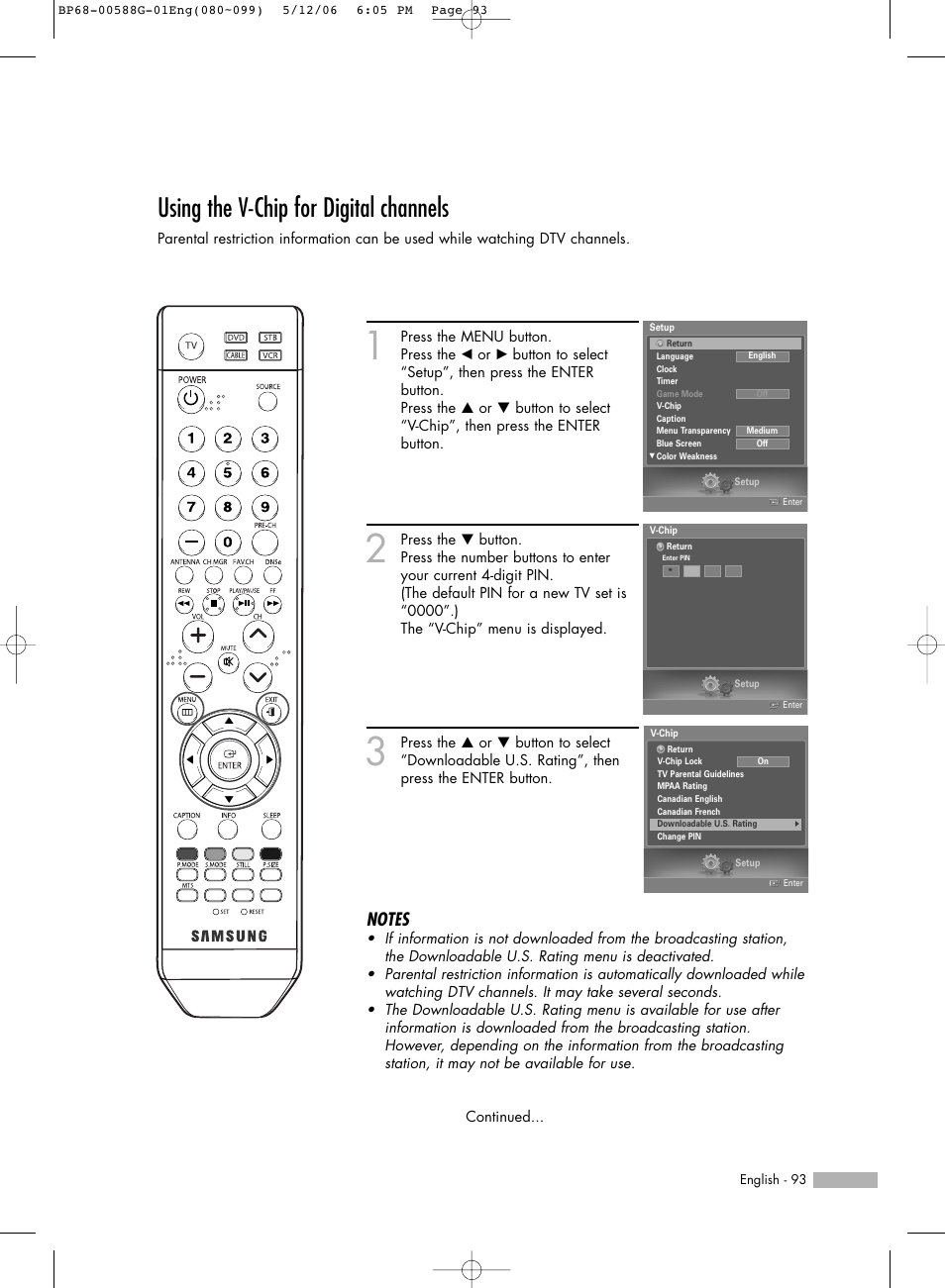 Using the v-chip for digital channels | Samsung HLS6767WX-XAA User Manual | Page 93 / 116