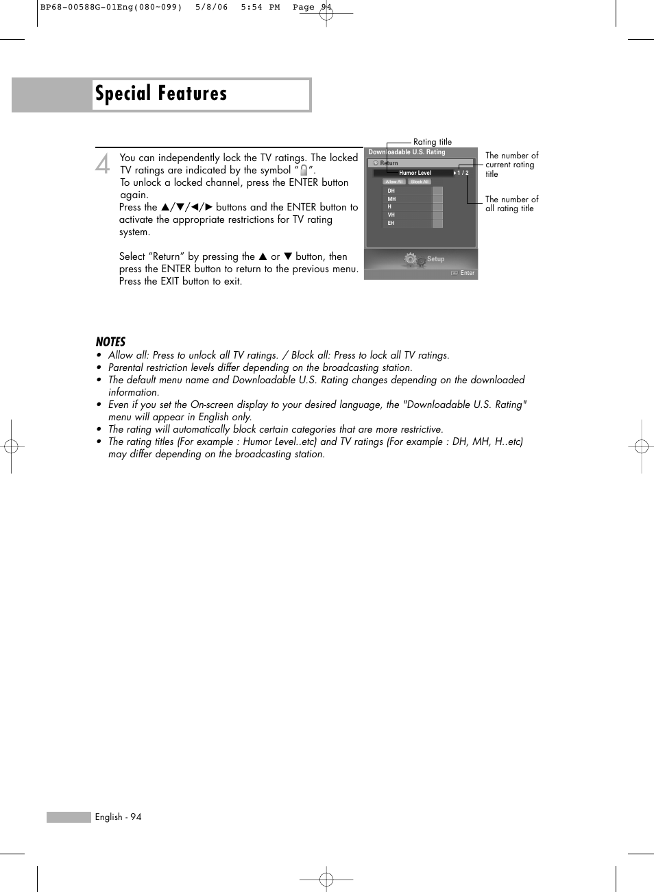 Special features | Samsung HLS6767WX-XAA User Manual | Page 94 / 116