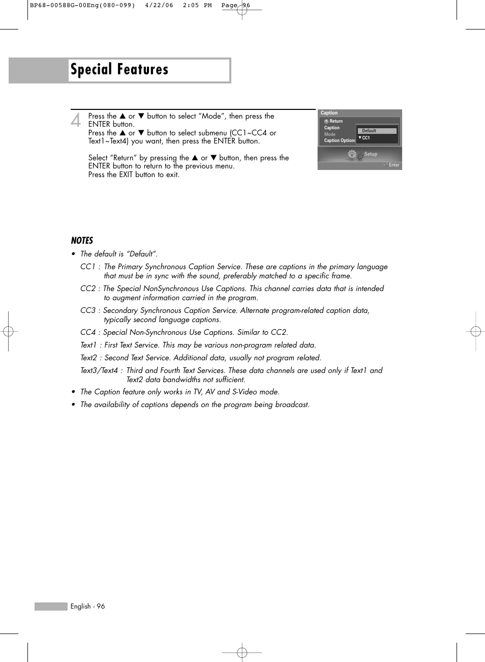 Special features | Samsung HLS6767WX-XAA User Manual | Page 96 / 116