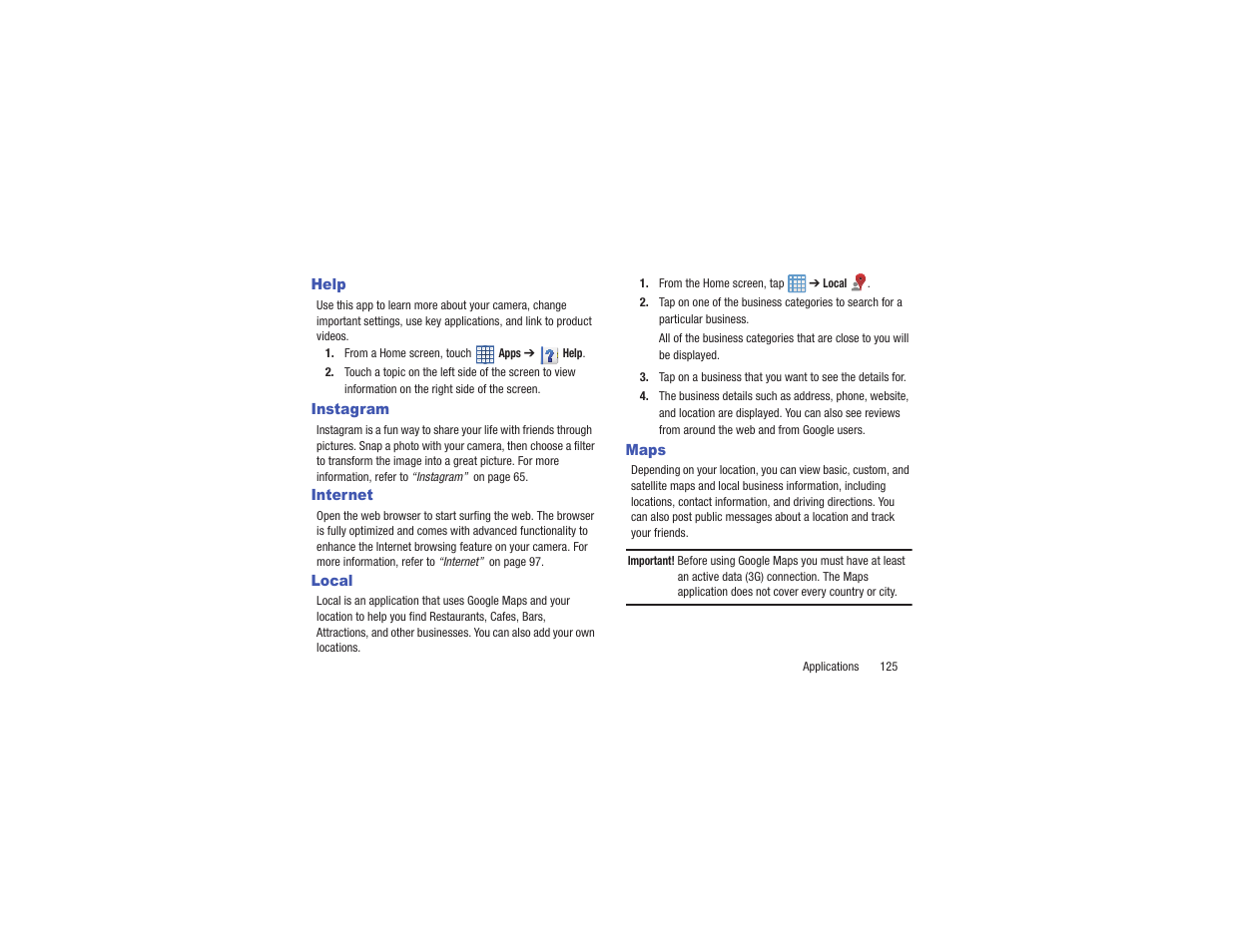 Help, Instagram, Internet | Local, Maps, Help instagram internet local maps | Samsung EK-GC110ZKAXAR User Manual | Page 129 / 177