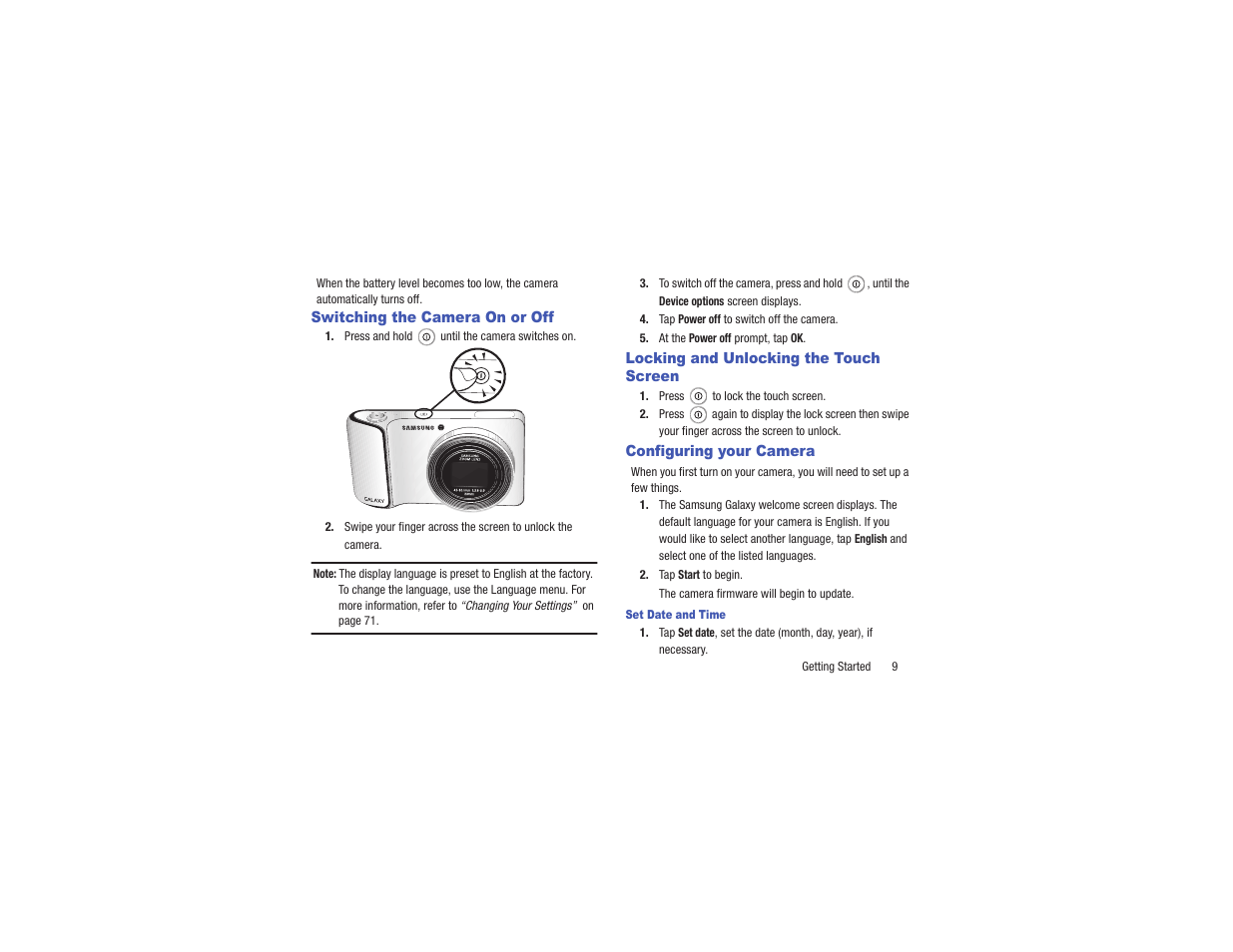Switching the camera on or off, Locking and unlocking the touch screen, Configuring your camera | Samsung EK-GC110ZKAXAR User Manual | Page 13 / 177