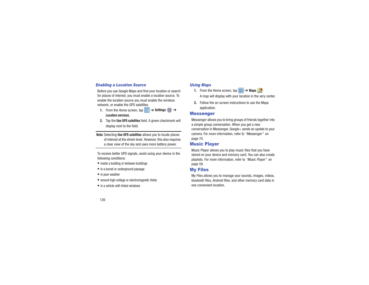 Messenger, Music player, My files | Messenger music player my files | Samsung EK-GC110ZKAXAR User Manual | Page 130 / 177