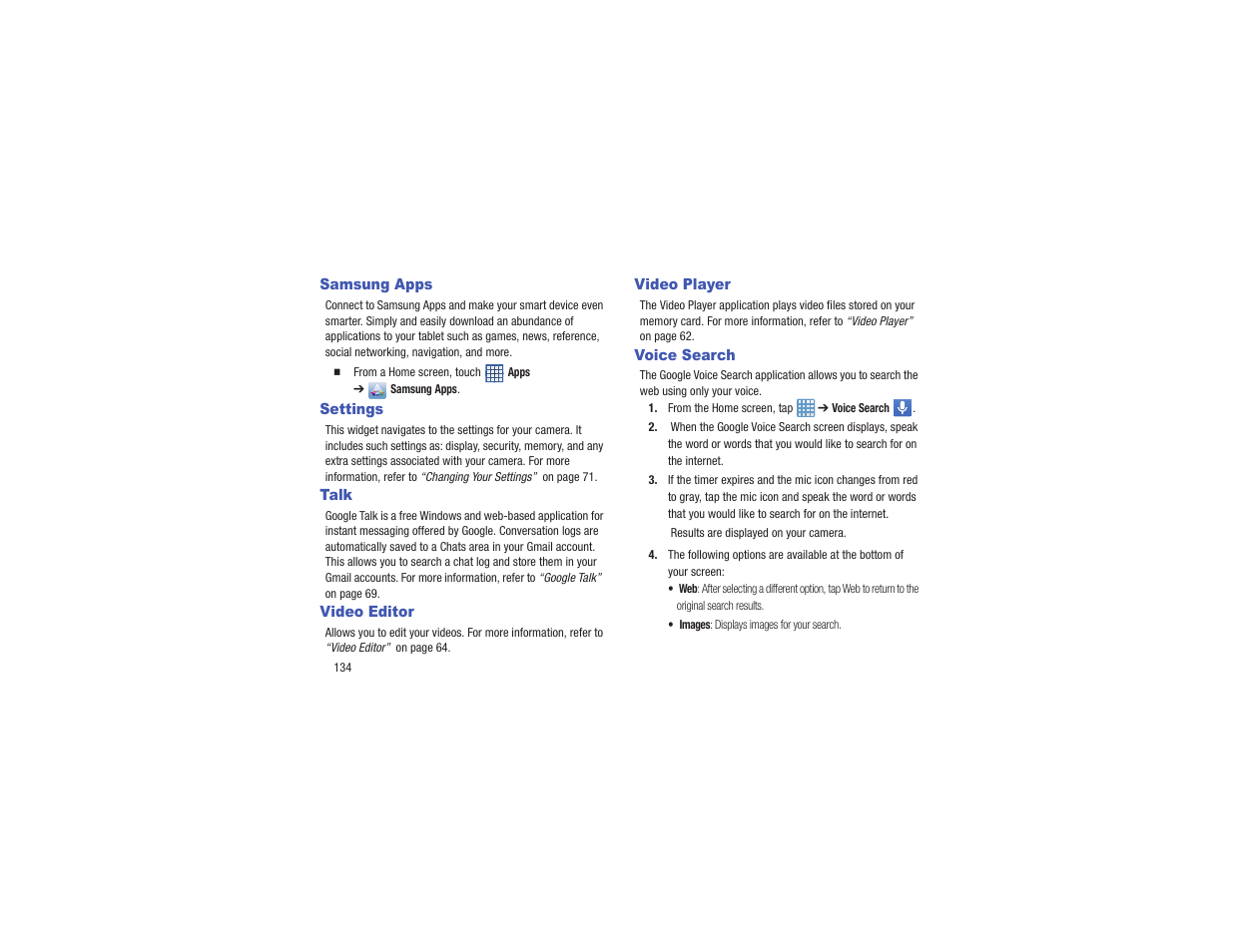 Samsung apps, Settings, Talk | Video editor, Video player, Voice search | Samsung EK-GC110ZKAXAR User Manual | Page 138 / 177