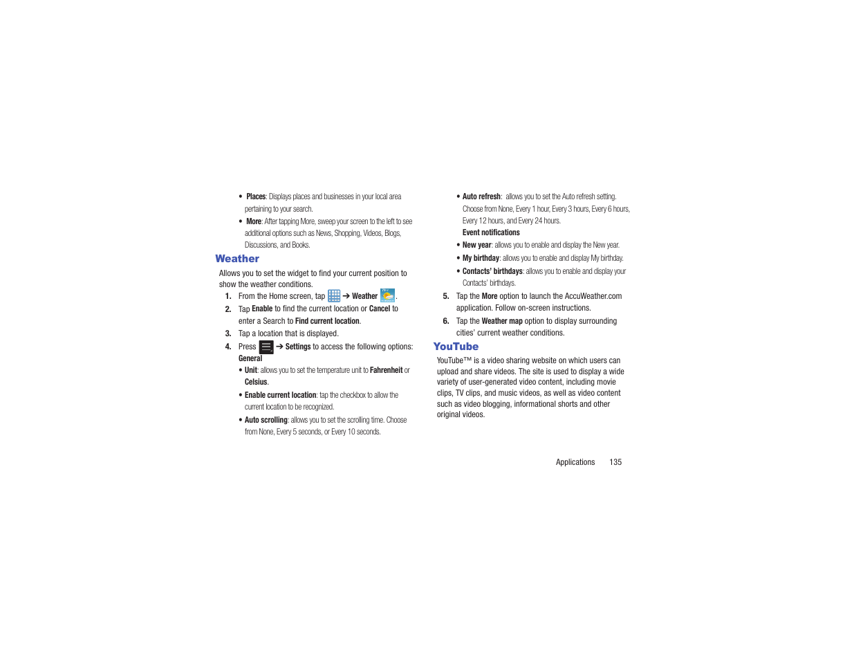 Weather, Youtube, Weather youtube | Samsung EK-GC110ZKAXAR User Manual | Page 139 / 177
