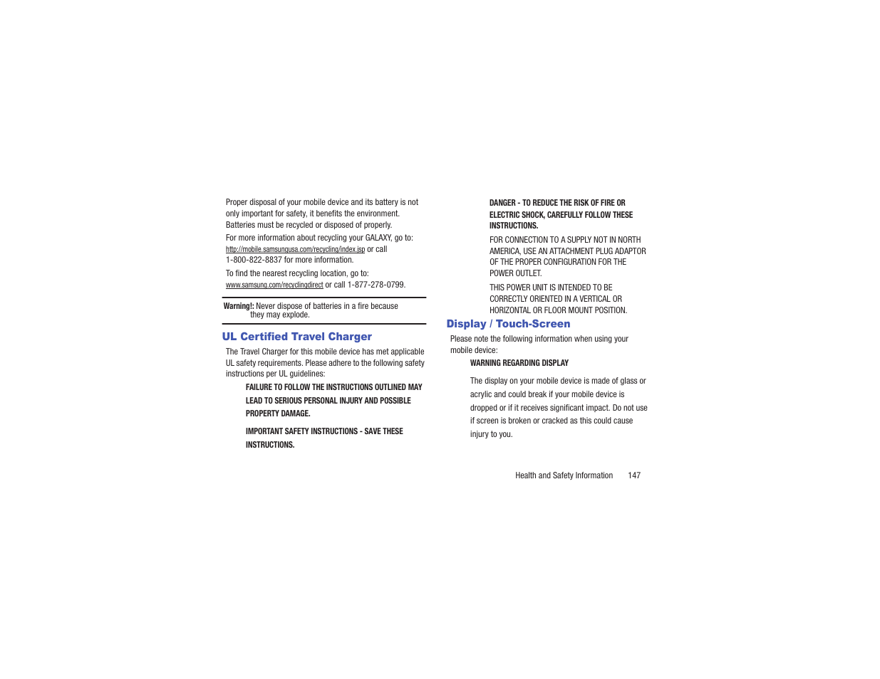 Ul certified travel charger, Display / touch-screen | Samsung EK-GC110ZKAXAR User Manual | Page 151 / 177