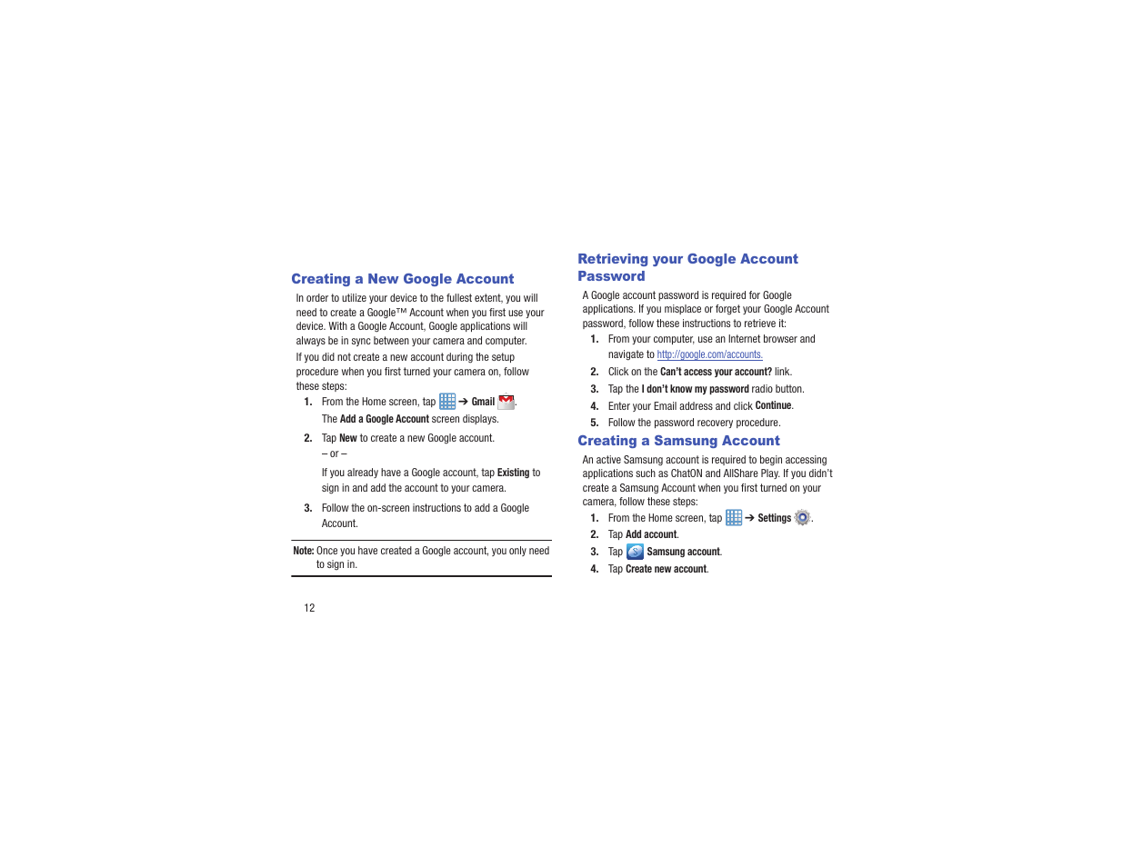 Creating a new google account, Retrieving your google account password, Creating a samsung account | Samsung EK-GC110ZKAXAR User Manual | Page 16 / 177