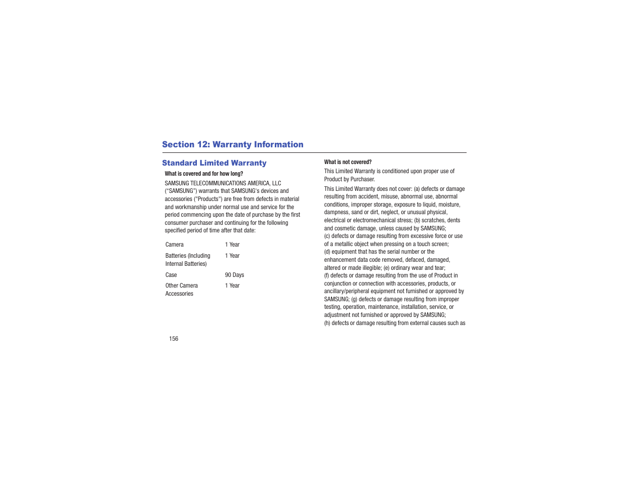 Section 12: warranty information, Standard limited warranty | Samsung EK-GC110ZKAXAR User Manual | Page 160 / 177