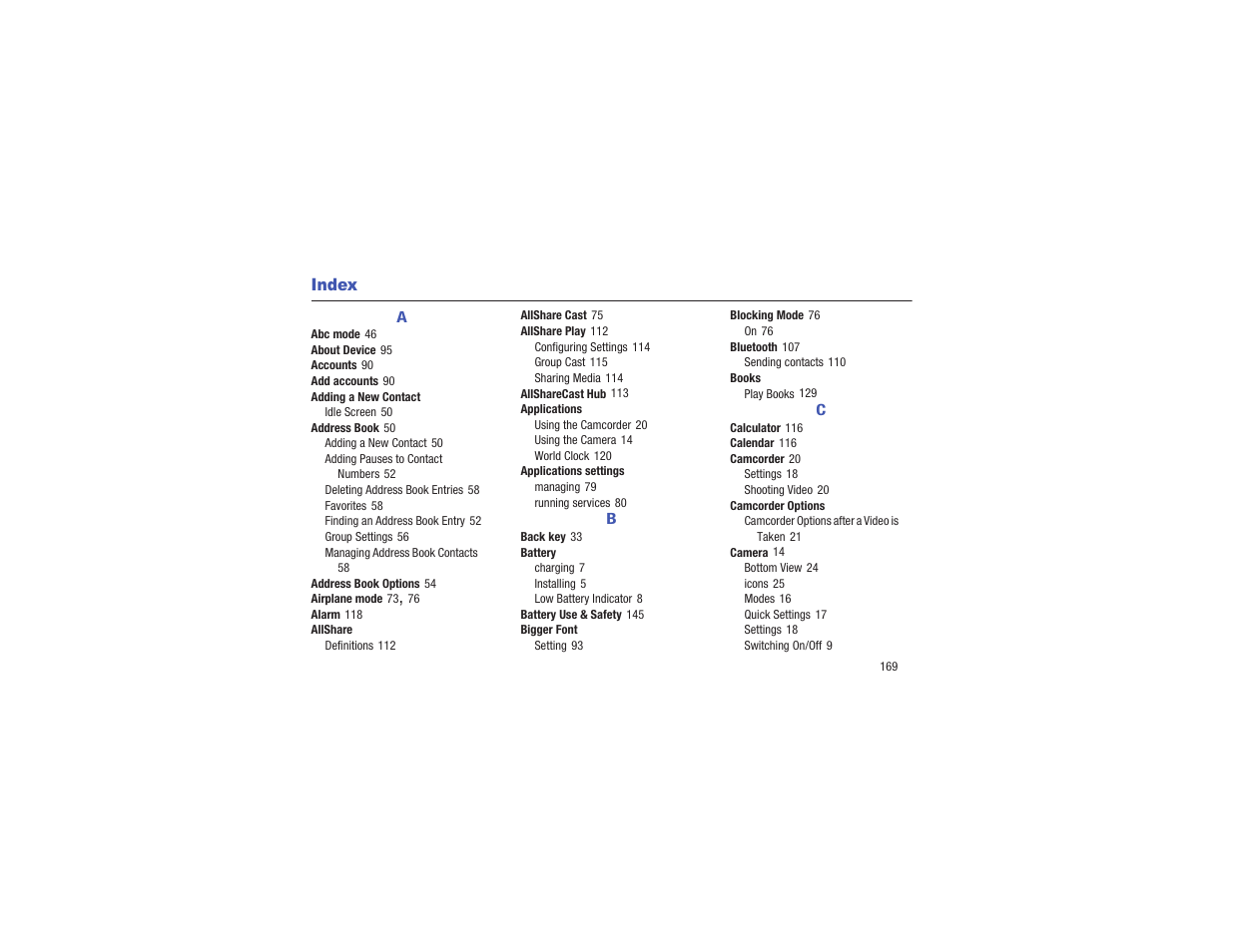 Index | Samsung EK-GC110ZKAXAR User Manual | Page 173 / 177