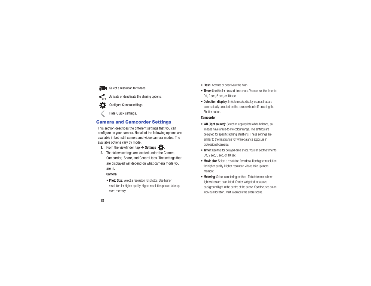 Camera and camcorder settings | Samsung EK-GC110ZKAXAR User Manual | Page 22 / 177