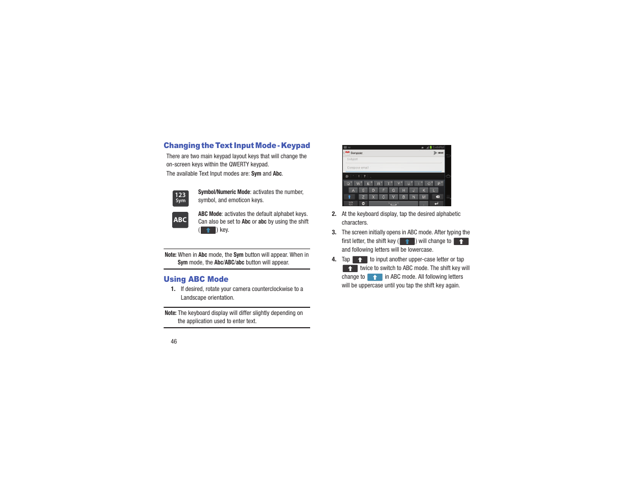 Changing the text input mode - keypad, Using abc mode | Samsung EK-GC110ZKAXAR User Manual | Page 50 / 177