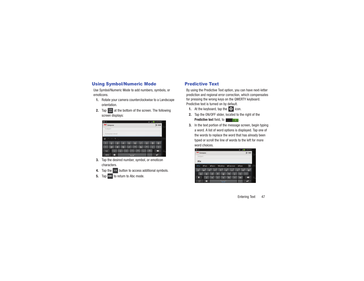 Using symbol/numeric mode, Predictive text, Using symbol/numeric mode predictive text | Samsung EK-GC110ZKAXAR User Manual | Page 51 / 177