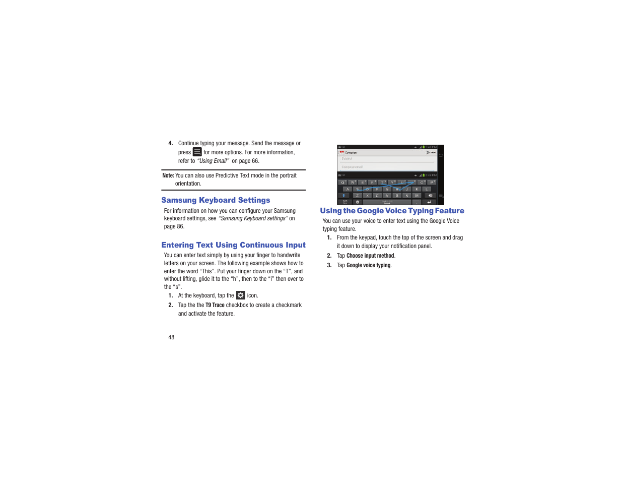 Samsung keyboard settings, Entering text using continuous input, Using the google voice typing feature | Samsung EK-GC110ZKAXAR User Manual | Page 52 / 177