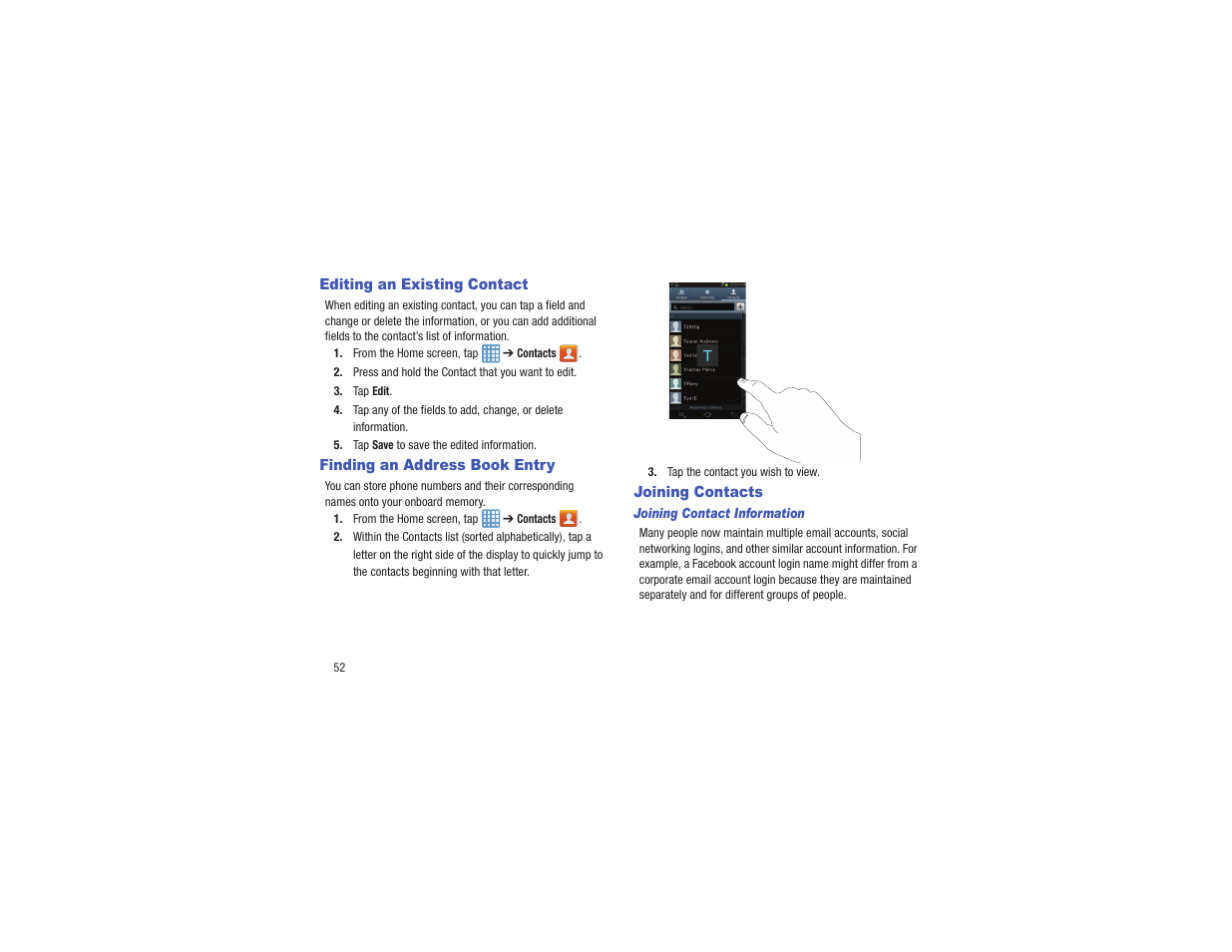 Editing an existing contact, Finding an address book entry, Joining contacts | Finding an address book entry joining contacts | Samsung EK-GC110ZKAXAR User Manual | Page 56 / 177