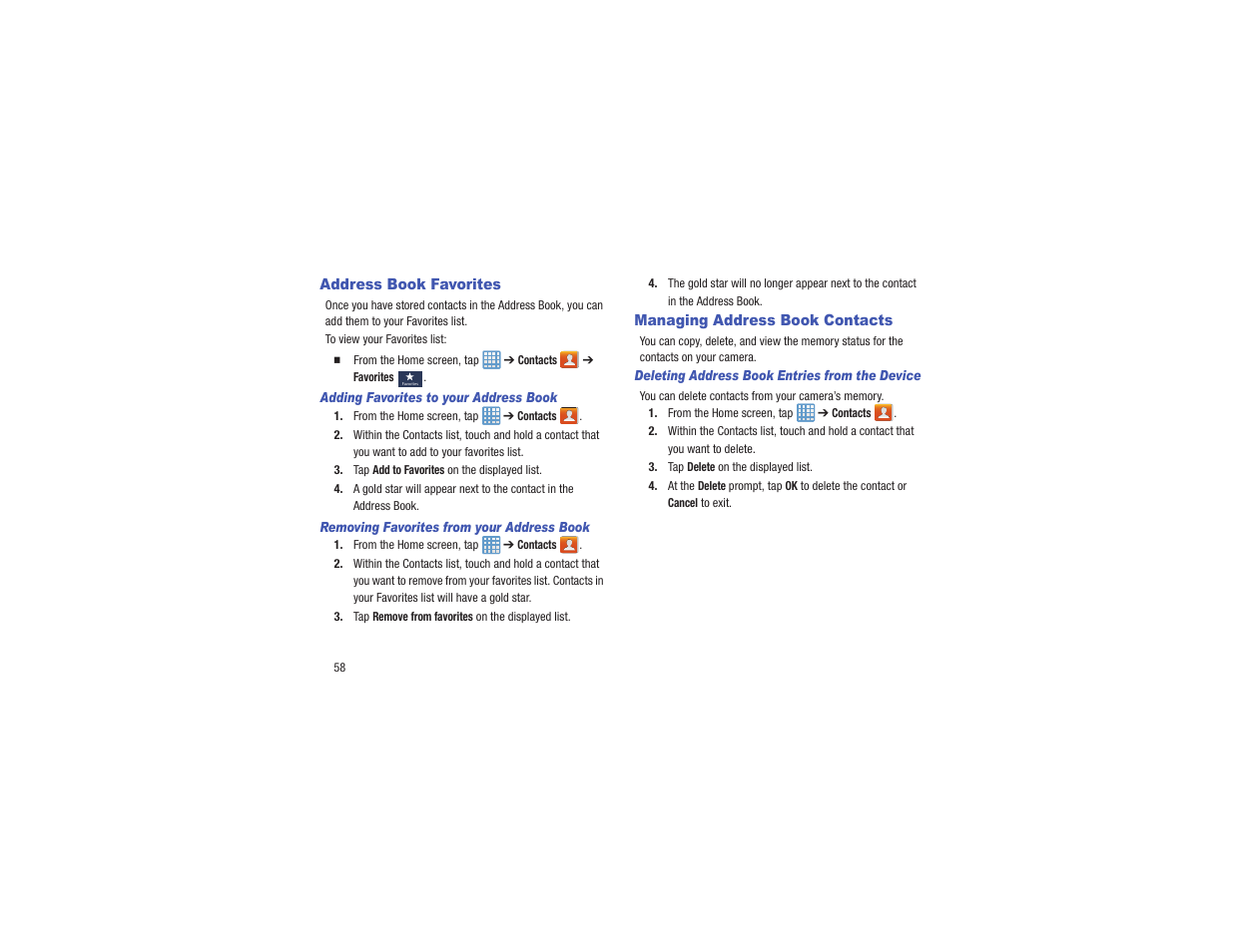 Address book favorites, Managing address book contacts | Samsung EK-GC110ZKAXAR User Manual | Page 62 / 177