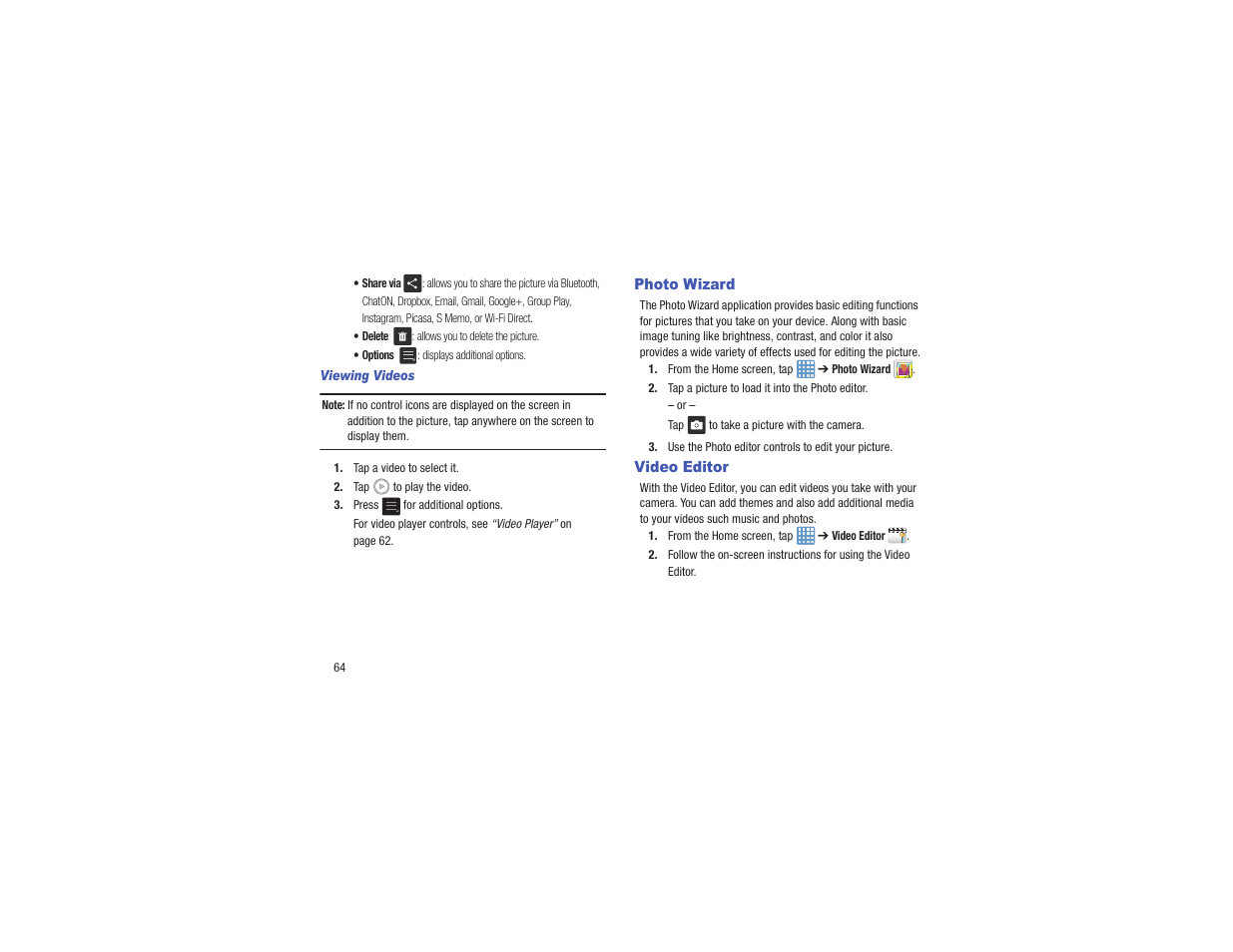 Photo wizard, Video editor, Photo wizard video editor | Samsung EK-GC110ZKAXAR User Manual | Page 68 / 177