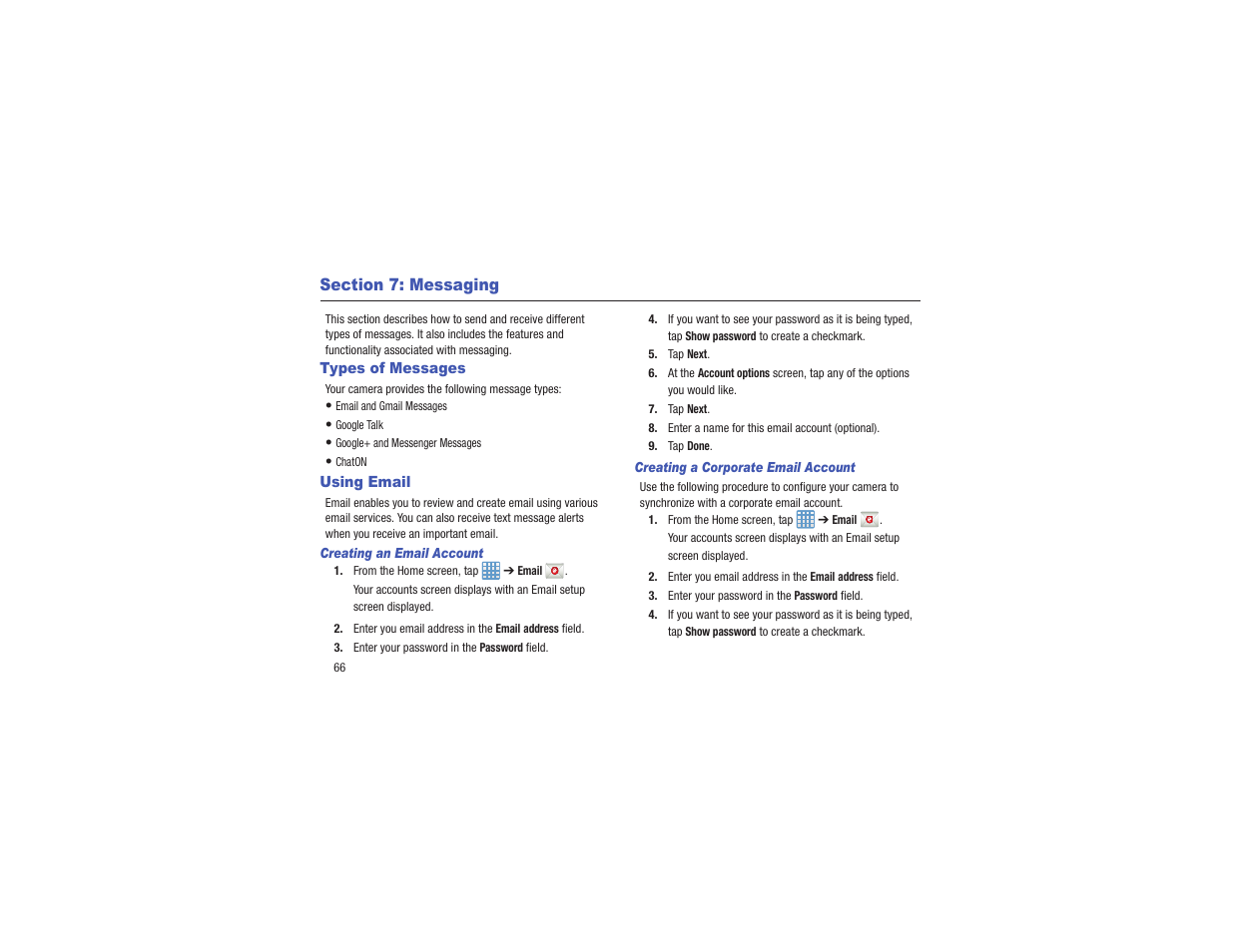 Section 7: messaging, Types of messages, Using email | Types of messages using email | Samsung EK-GC110ZKAXAR User Manual | Page 70 / 177