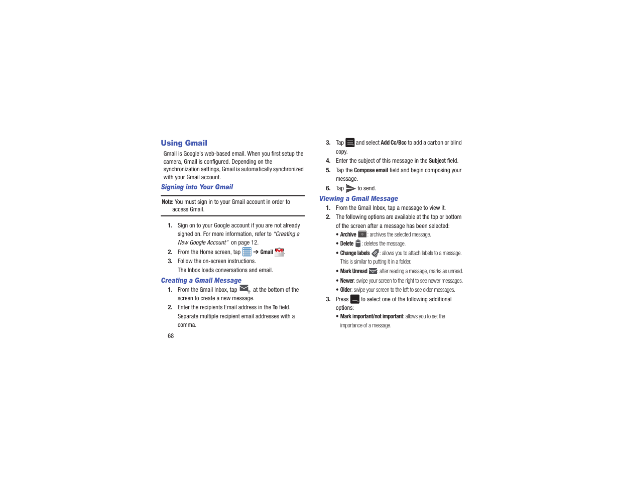 Using gmail | Samsung EK-GC110ZKAXAR User Manual | Page 72 / 177