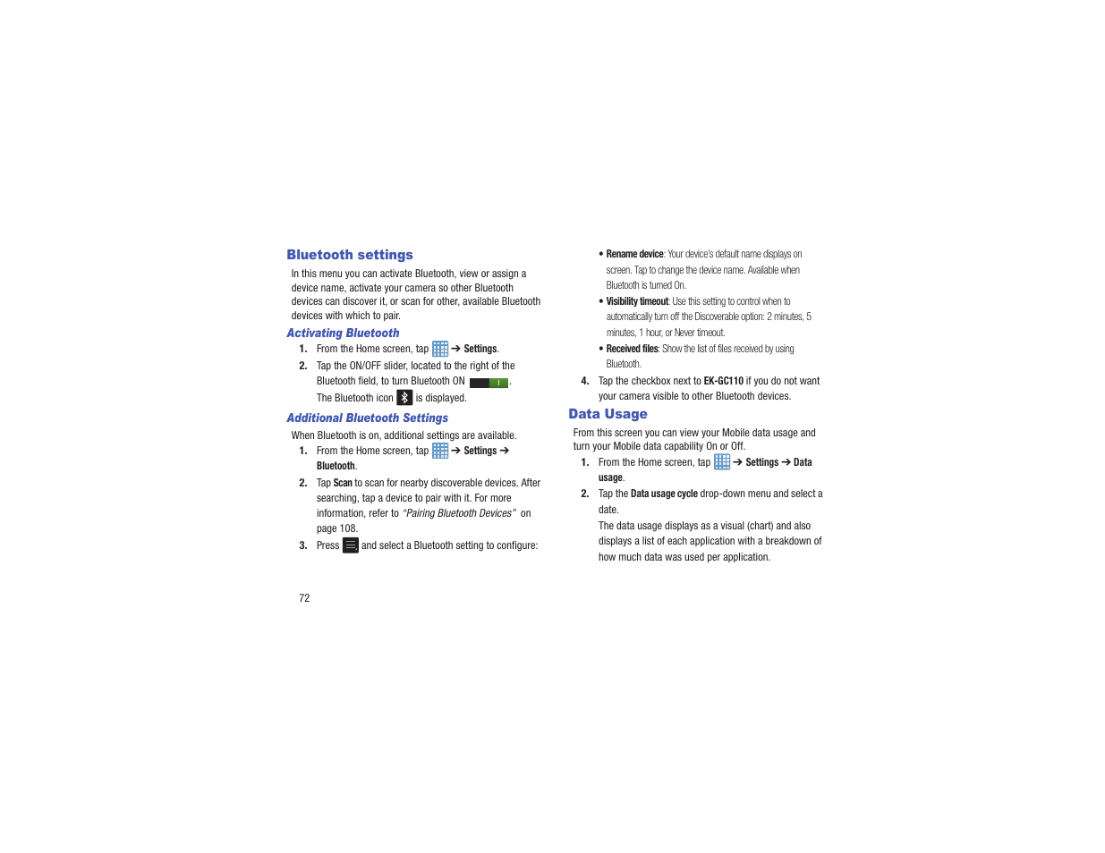 Bluetooth settings, Data usage, Bluetooth settings data usage | Samsung EK-GC110ZKAXAR User Manual | Page 76 / 177