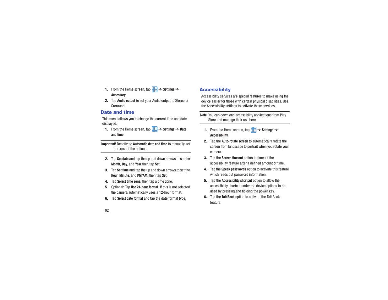 Date and time, Accessibility, Date and time accessibility | Samsung EK-GC110ZKAXAR User Manual | Page 96 / 177