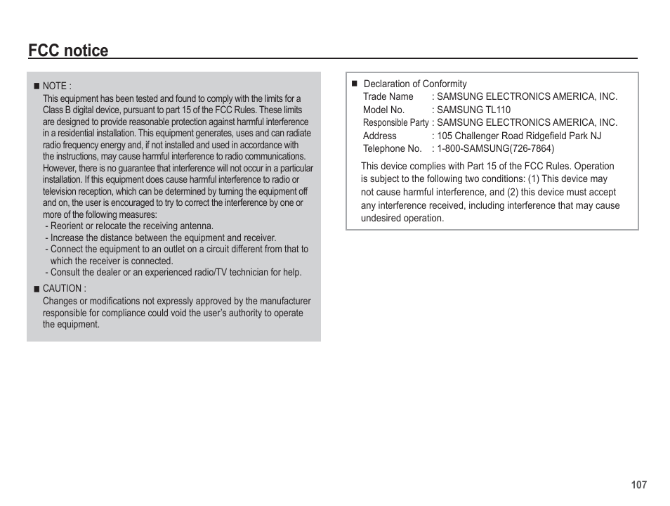 Fcc notice | Samsung EC-TL110ZBPBUS User Manual | Page 108 / 109