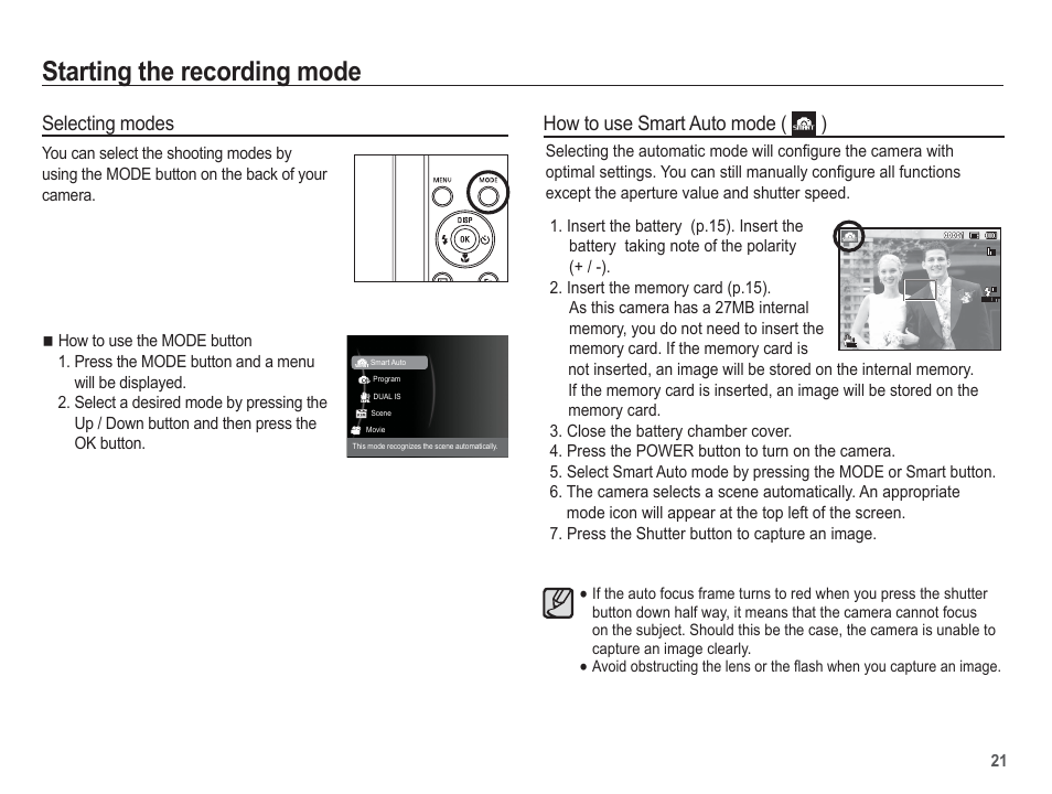 Starting the recording mode, Selecting modes, How to use smart auto mode ( ) | Samsung EC-TL110ZBPBUS User Manual | Page 22 / 109