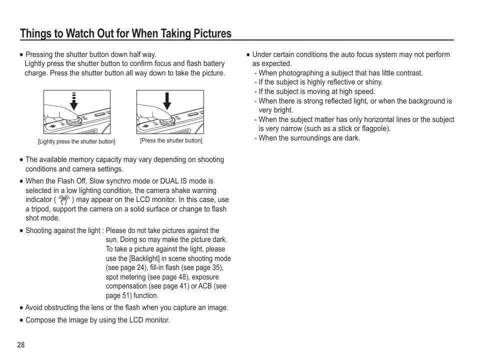 Things to watch out for when taking pictures | Samsung EC-TL110ZBPBUS User Manual | Page 29 / 109