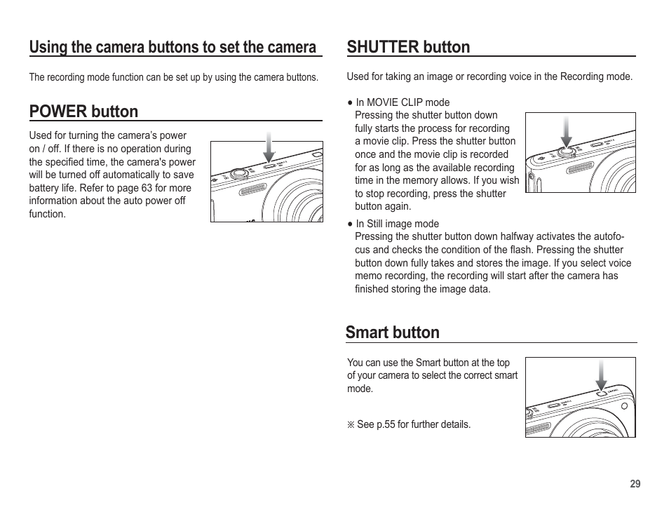 Using the camera buttons to set the camera, Power button, Shutter button | Smart button | Samsung EC-TL110ZBPBUS User Manual | Page 30 / 109