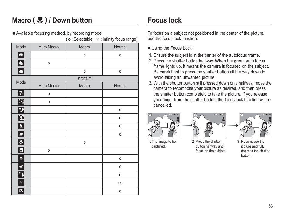 Macro ( ) / down button focus lock | Samsung EC-TL110ZBPBUS User Manual | Page 34 / 109