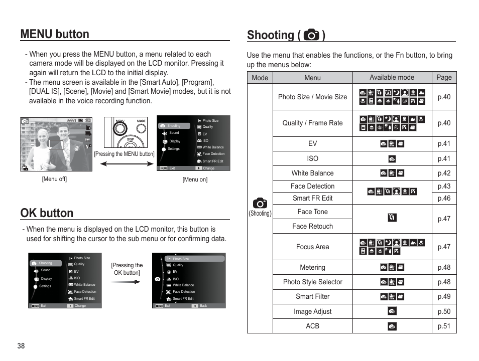 Menu button, Ok button, Shooting ( ) | Samsung EC-TL110ZBPBUS User Manual | Page 39 / 109