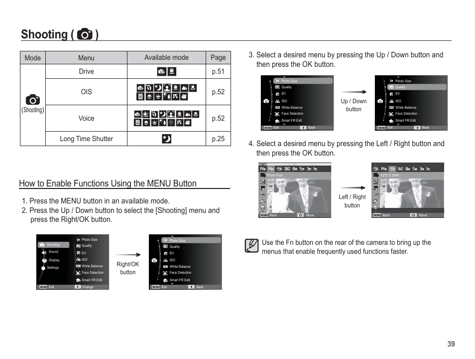 Shooting ( ), How to enable functions using the menu button | Samsung EC-TL110ZBPBUS User Manual | Page 40 / 109