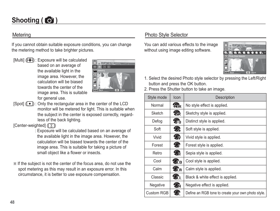 Shooting ( ), Metering, Photo style selector | Samsung EC-TL110ZBPBUS User Manual | Page 49 / 109